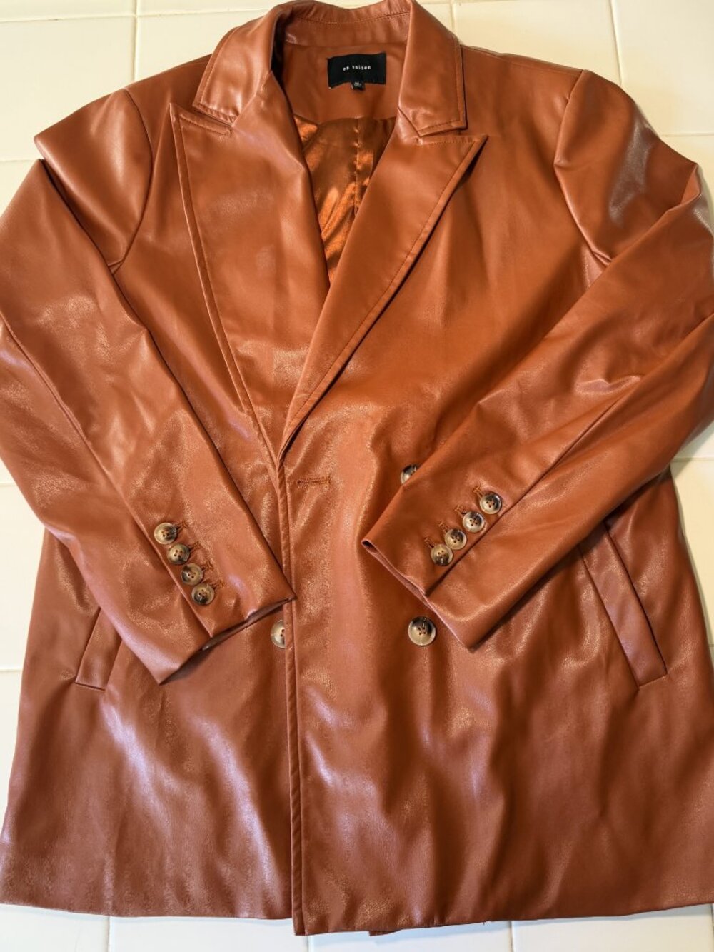 En Saison Faux Leather Oversized Double Breasted Blazer Jacket Cognac Brown M